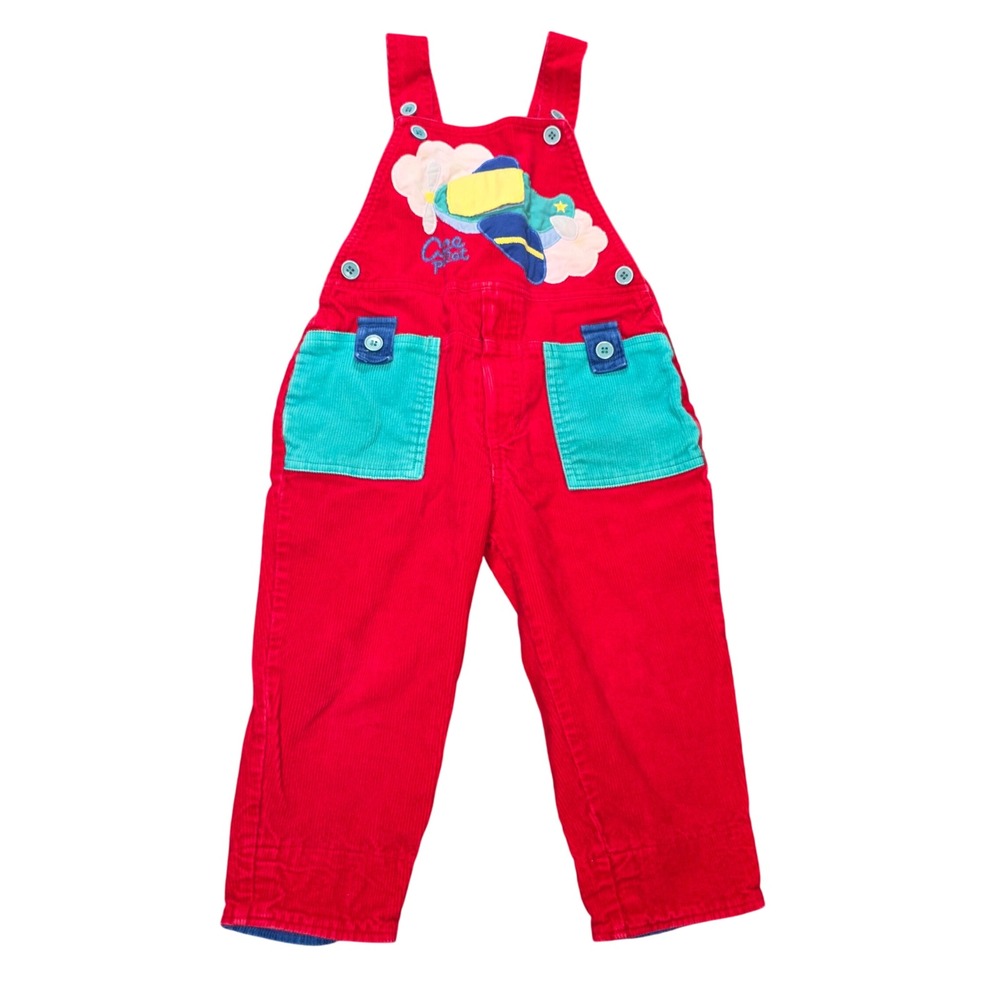 Vintage Hush Puppies Corduroy Ace Pilot Airplane Overalls Kids Size 3T Red